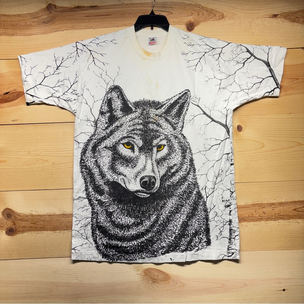 Vintage Wolf All Over Print Shirt Mens XL White Black ADA Single Stitch - Picture 1 of 14